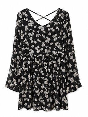 Forever 21 Black Babydoll Mini Dress White Floral Pattern – Size XS GUC